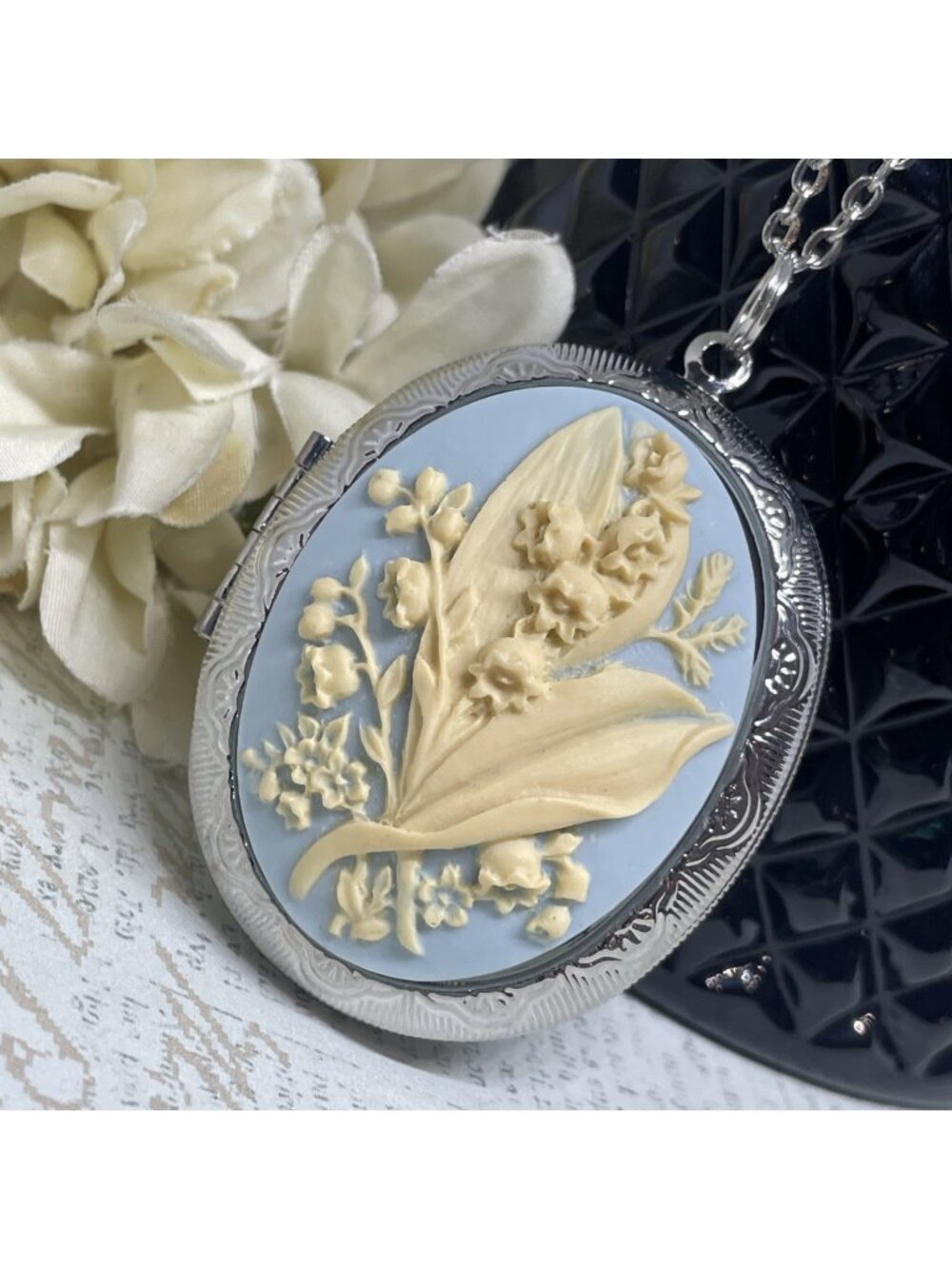 Blue Cream Mother birthday Lily of Valley Silver Cameo Locket Wedding Irish